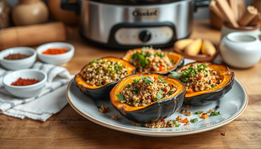 Crockpot Quinoa and Vegetable Stuffed Acorn Squash