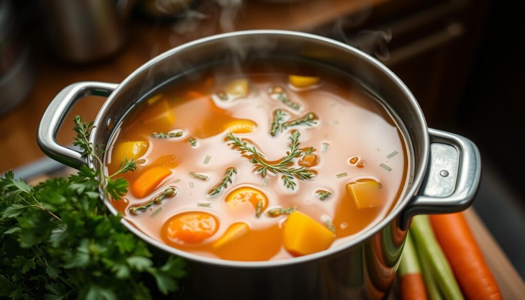 Simmering pot of flavorful broth