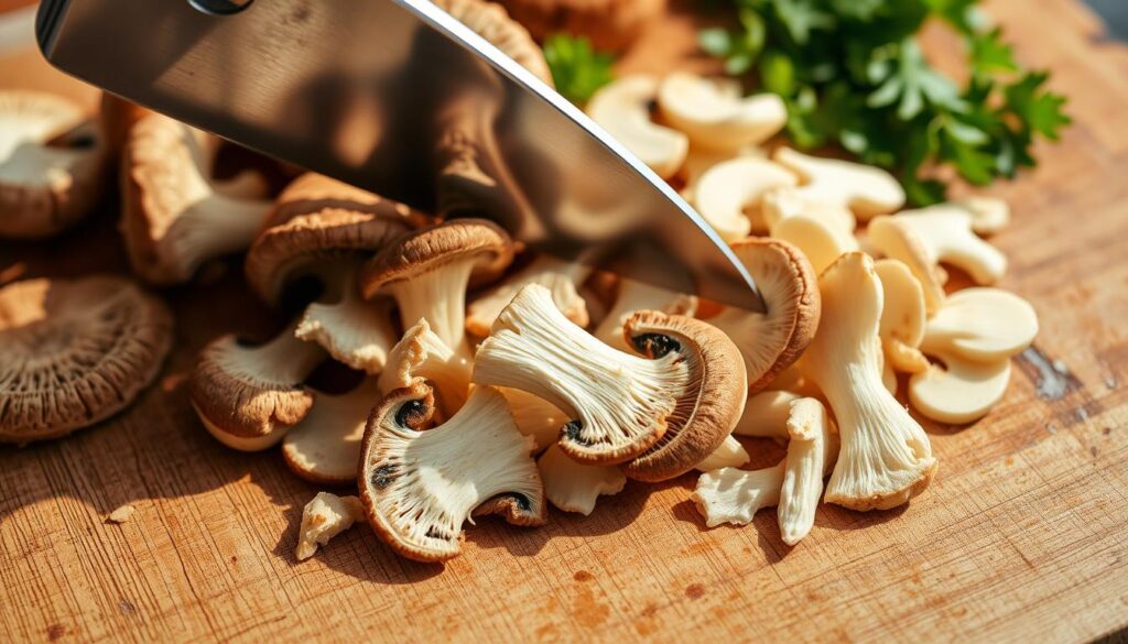 slicing mushrooms