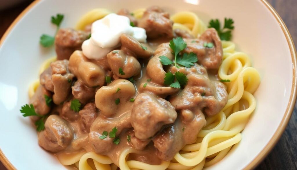 slow cooked beef stroganoff with sour cream