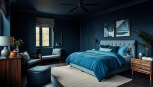 style a moody blue bedroom