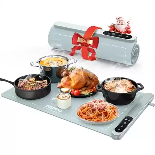 FEPPO Food Warming Mat, Upgrade High-tech Graphene Heating Film, Fast Full Surface Electric Warming Tray with 6 Level Adjustable Temperature and 6 Hours Timer, Roll Up Food Warmers for Parties Buffet