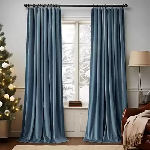 Lazzzy Blackout Velvet Curtains Blue Thermal Insulated Drapes for Dinning Room Darkening Window Treatment Rod Pocket Home Decor Living Room 84 inch Long Set of 2 Panels Dark Slate