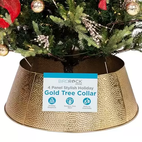 BIRDROCK HOME 4-Panel Hammered Metal Christmas Tree Collar - Stylish Holiday Tree Skirt Alternative - Durable Iron Construction Base Cover - Protects Tree Base from Pets - Easy Assembly - Gold