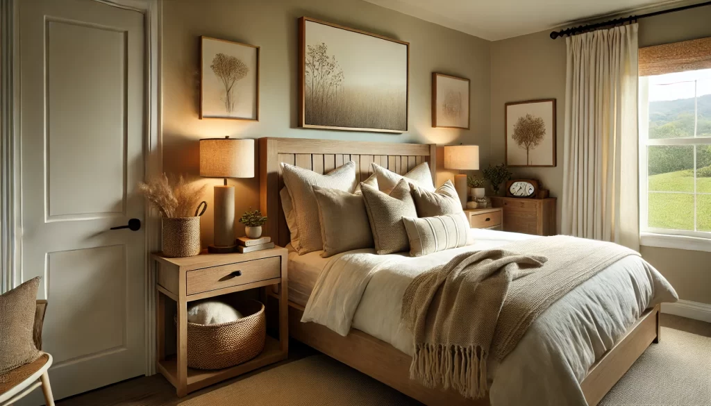 A cozy modern farmhouse-style guest room featuring a wooden bed frame with layered neutral pillows and a soft knit throw blanket. Two matching nightstands with lamps and woven baskets add functionality and charm. The room is accented with minimalist nature-inspired artwork, beige walls, and natural light from a nearby window.