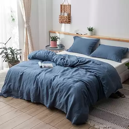 Simple&Opulence 100% Linen Duvet Cover Set, 3 Pieces Belgian Flax Breathable Bedding, 1 Comforter Cover+2 Pillowshams with Coconut Button Closure(King,Classic Blue)