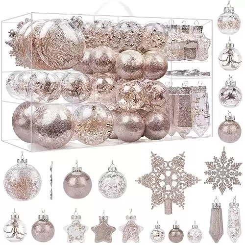 SHareconn 86PCS Christmas Balls Ornaments Set,Shatterproof Plastic Clear Decorative Baubles for Xmas Tree Decor Holiday Wedding Party Decoration,Champagne