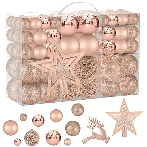 102PCS Assorted Rose Gold Christmas Ornaments, Christmas Balls Ornaments,Xmas Tree Ornaments,Plastic Shatterproof Christmas Ornaments,Christmas Tree Decorations Set