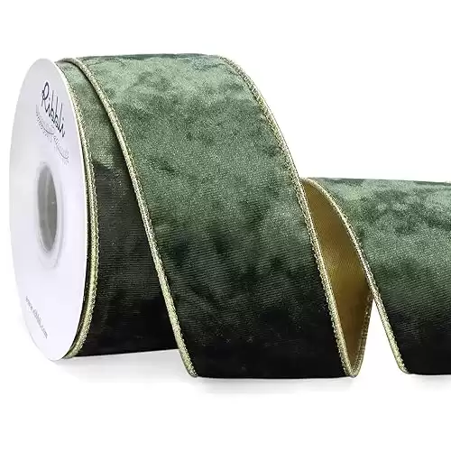 Ribbli Moss Green Velvet Wired Ribbon 2.5 Inch Metallic Moss Gold Crushed Velvet Christmas Ribbon for Gift Wrapping Christmas Tree Decoration Crafts Wreaths Supplies-Continuous 10 Yards