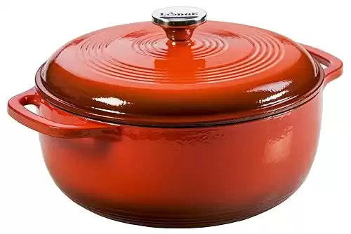 Lodge 6 Quart Enameled Cast Iron Dutch Oven with Lid Dual Handles Oven Safe up to 500 F or on Stovetop - Use to Marinate, Cook, Bake, Refrigerate and Serve Poppy