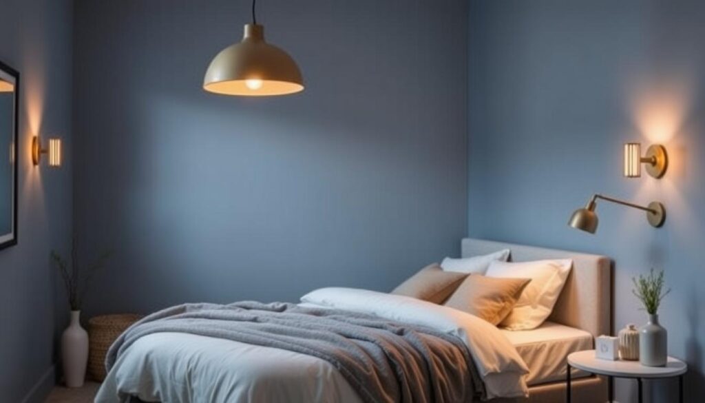 Muted blue bedroom lighting