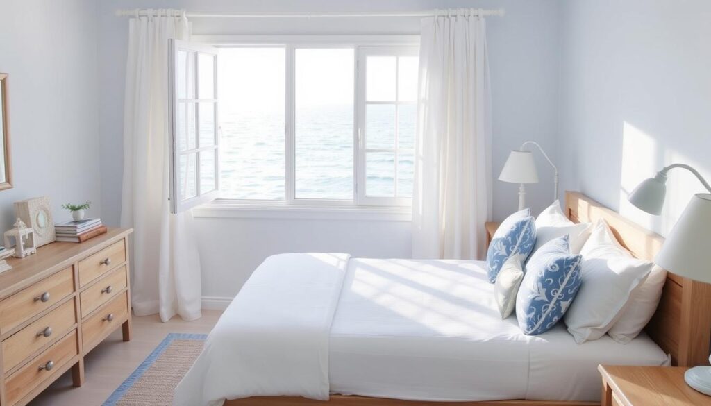 Soft blue and white coastal bedroom