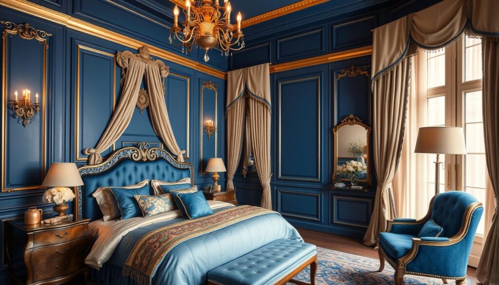 blue and gold bedroom design