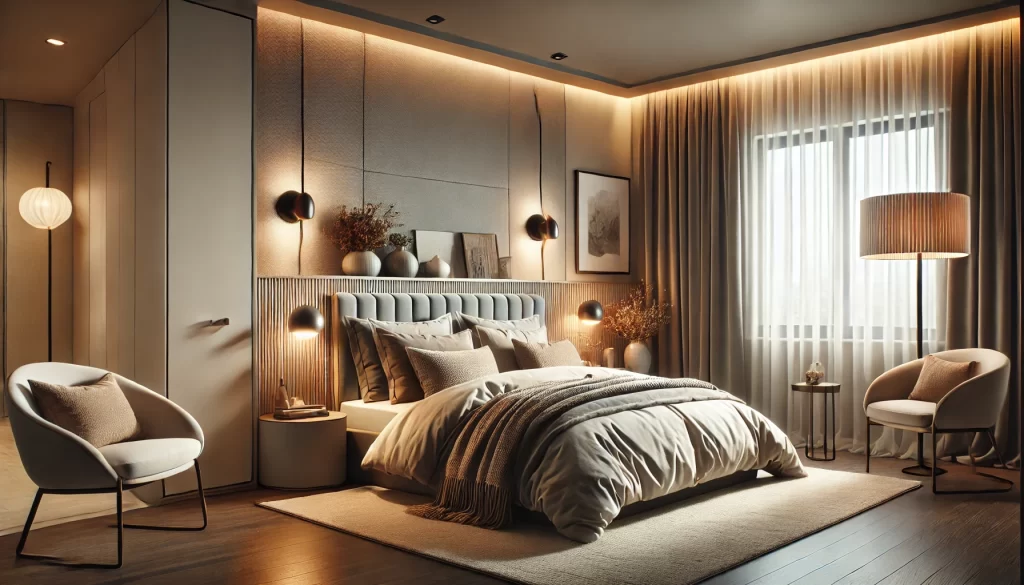 A trendy and functional guest room featuring luxurious bedding with soft textures and layered neutral-tone pillows. The space is illuminated by ambient lighting, including sleek wall sconces, bedside table lamps, and a modern floor lamp. The design is minimal yet elegant, with clean lines, a cozy area rug, and subtle decor accents.