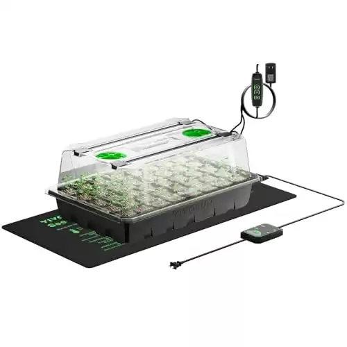 VIVOSUN 1-Pack 40-Cell Seed Starter Trays with 1 Set of LED Lights and 10"x20.75" Seedling Heat Mat, 3.6" Higher Cover, Adjustable Vents, Drainage Holes, Green Propagation Tray for Plan...