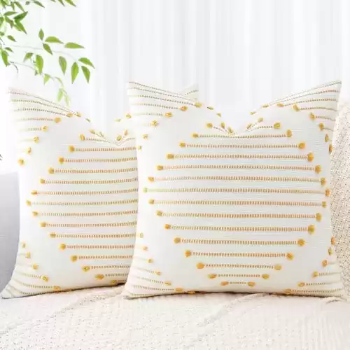 Mecatny Boho Throw Pillow Covers Yellow and White Pillow Covers 20X20 Set of 2 Farmhouse Decorative Pillow Covers for Couch Sofa Living Room