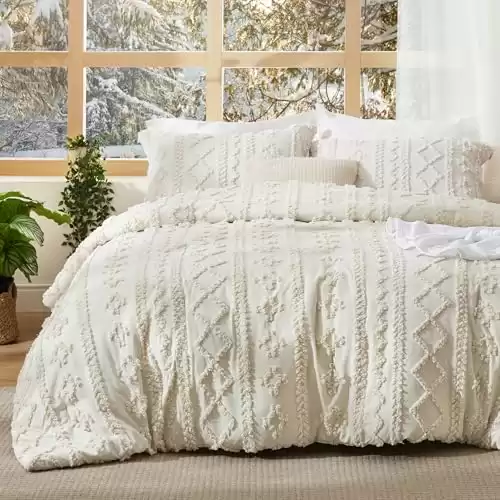 Bedsure Tufted Boho Comforter Set Queen Size – Beige Boho Bedding Comforter Set, 3 Pieces Farmhouse Shabby Chic Embroidery Bed Set, Gifts for Woman, Soft Jacquard Comforter for All Seasons