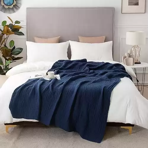 EMME Cotton Blanket King Size for Bed Soft Muslin Blankets 108"x90" Lightweight Breathable Layering Blanket Bedspread Coverlet All Season Gauze Blanket, Navy