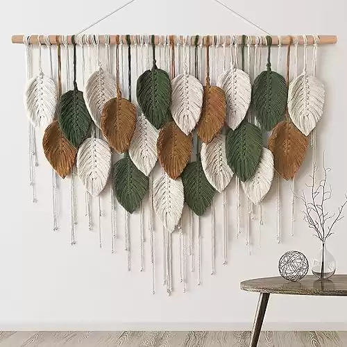 KHOYIME Large Macrame Wall Hanging Boho Woven Tapestry, Chic Home Decor Modern Bohemian Handmade Leaf Feather Wall Art Decorations for Apartment Dorm Living Room Bedroom Nursery Backdrop 39"W X 2...