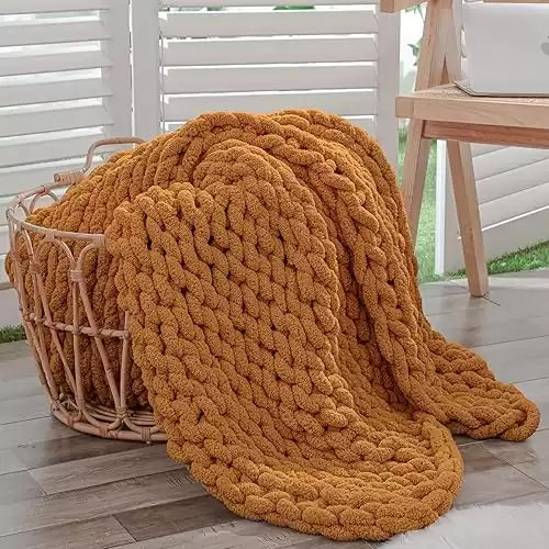 Bigacogo Chunky Knit Blanket Throw 40"x60", 100% Hand Knitted Chenille Throw Blanket, Soft Thick Yarn Cable Knit Blanket, Cute Rope Knot Crochet Throw Blankets for Couch Bed Sofa (Burnt Oran...