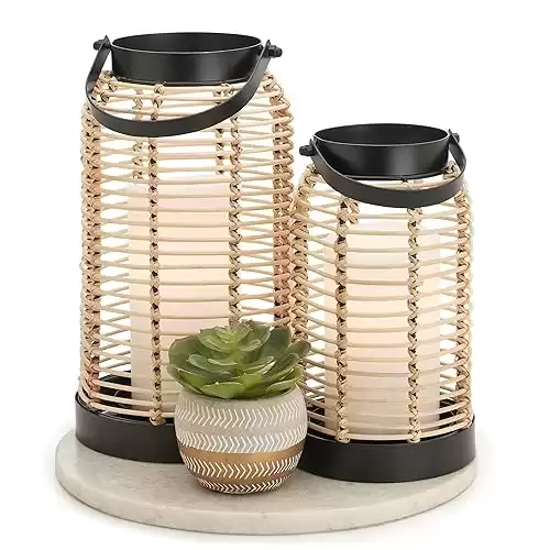 Natural Rattan Boho Lanterns - Handcrafted Decor to Enhance Every Corner of Your Home - Modern Farmhouse Beauty Perfect for Any Living Room, Indoor Coffee Table or Kitchen Dining Table