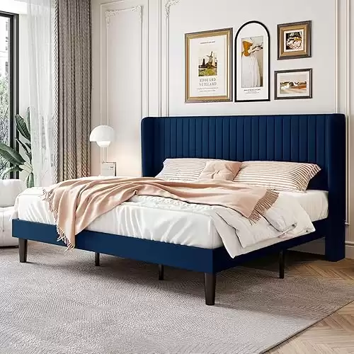 SHA CERLIN King Size Velvet Bed Frame with Vertical Channel Tufted Wingback Headboard, Upholstered Platform Bed with Wood Slats, No Box Spring Needed, Easy Assembly, Blue