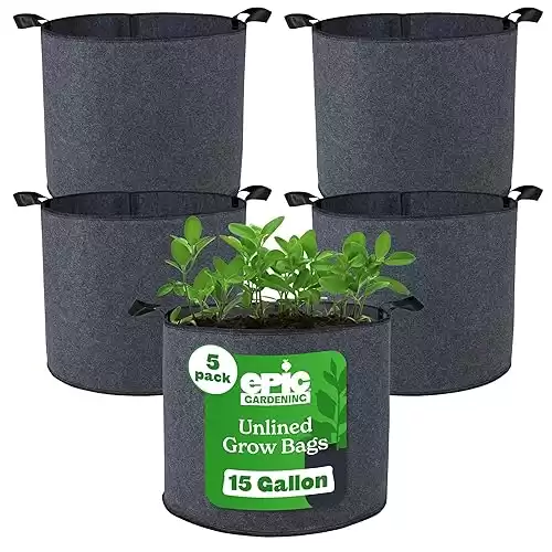 Epic Gardening 5 Pack 15 Gallon Grow Bags with Handles (Unlined) - Heavy Duty Fabric Pots for Vegetables, Herbs & Flowers - Breathable Cloth Planters for Indoor & Outdoor Gardening, Moisture Retaining