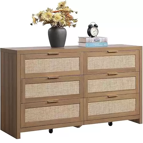 SICOTAS Rattan Dresser for Bedroom, 56.9" Wide 6 Drawer Dresser with Ample Storage, Wooden Dressers Large Chest of Drawers, Closet, Boho TV Stand for Bedroom (Reclaimed Caramel Oak, 1 Piece)