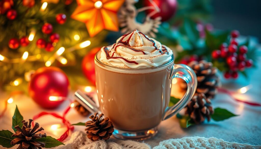 Christmas holiday latte with festive decorations