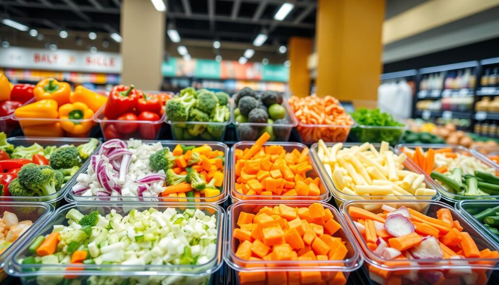 Pre-chopped vegetables in grocery store