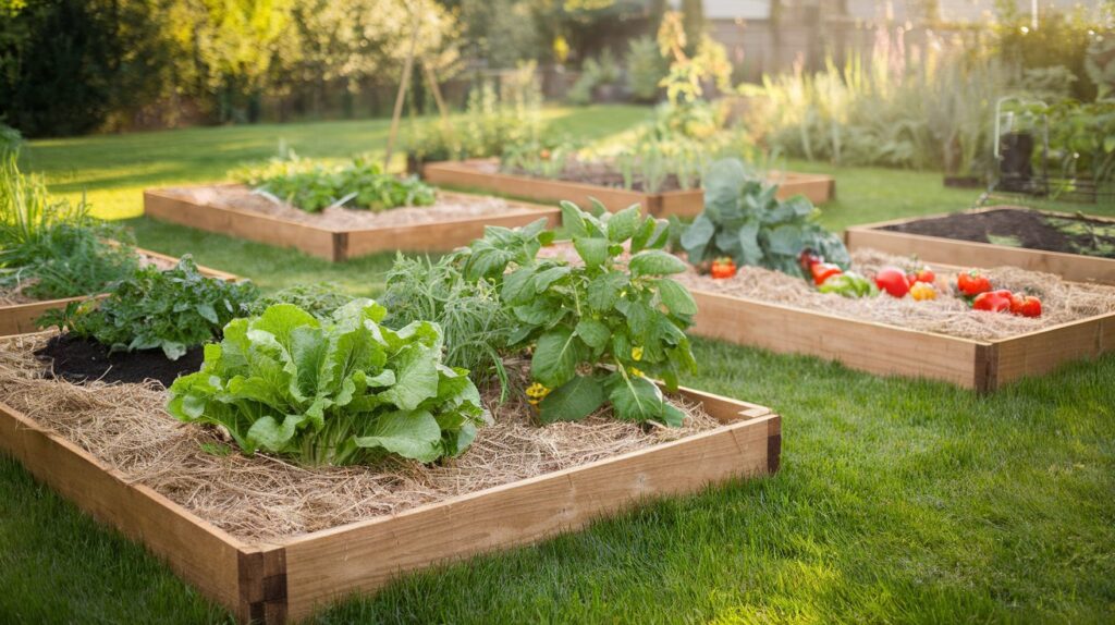 Backyard vegetable garden with multiple wooden raised beds, green grass paths, and various plants growing under warm sunlight.