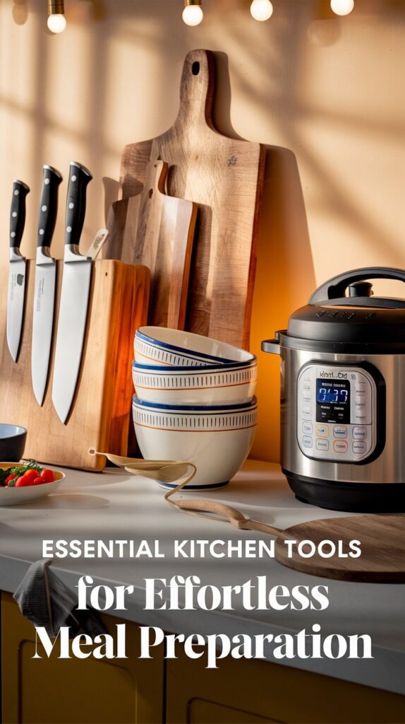 A cozy kitchen countertop featuring essential meal prep tools, including a set of high-quality knives, wooden cutting boards, a stack of ceramic bowls, a wooden spoon, and an Instant Pot. Soft lighting and warm tones create a welcoming and organized cooking space.