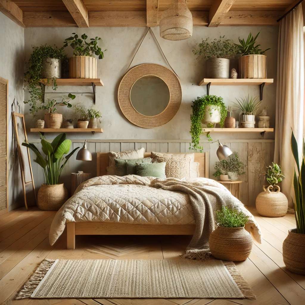 A beautifully styled rustic-modern bedroom featuring a natural wood bed frame with neutral quilted bedding, textured throw pillows, and a cozy knit blanket. Floating wooden shelves hold potted plants and decor, while a woven circular mirror serves as a focal point. Large windows and light wood flooring complete the serene space.