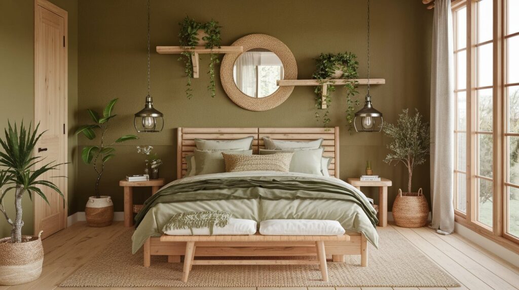 A cozy bedroom with muted olive green walls, a natural wood bed frame, and layered green and cream bedding. The design features floating wooden shelves with hanging greenery, a woven mirror, industrial pendant lights, and large windows letting in natural light. Potted plants and woven baskets add texture and warmth to the space.