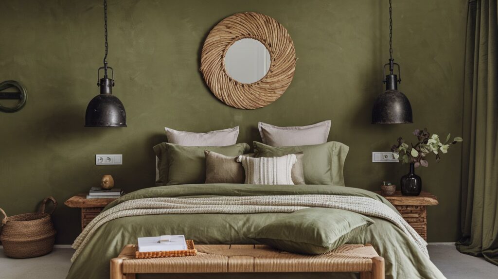 A serene bedroom with muted olive green walls, a natural wood bed frame, and matching green bedding layered with cozy textured throws and pillows. The space features rustic wood nightstands, black industrial pendant lights, a woven mirror centerpiece, and decorative accents like a wicker basket and greenery in a dark vase.