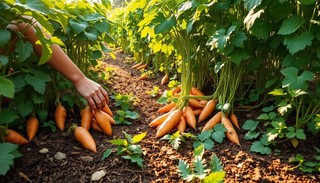 harvesting sweet potatoes