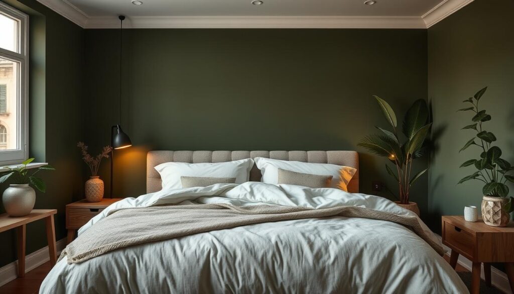 moody olive green bedroom