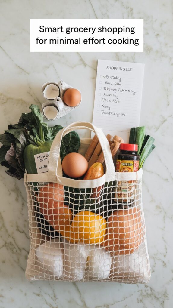 A reusable mesh grocery bag filled with fresh produce, eggs, and pantry essentials sits on a marble countertop next to a handwritten shopping list and an open egg carton. The scene emphasizes smart, minimalist grocery shopping for effortless meal prep.