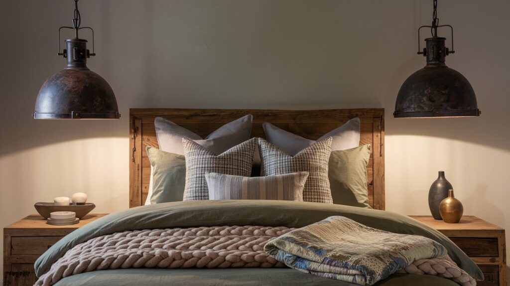 A cozy bedroom with a reclaimed wood headboard, layered bedding in muted green tones, and textured pillows in various patterns. The space features industrial black pendant lights on either side of the bed, soft lighting creating a warm ambiance, and rustic wood nightstands with simple decor accents.