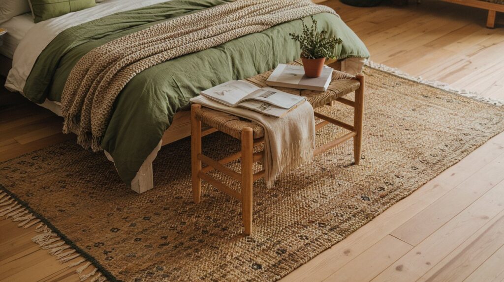 A cozy bedroom featuring a woven bench at the foot of the bed, layered with a beige throw and books. The bed is dressed in green bedding and textured blankets, set on a natural woven area rug over light wood flooring. A small potted plant adds a touch of greenery.