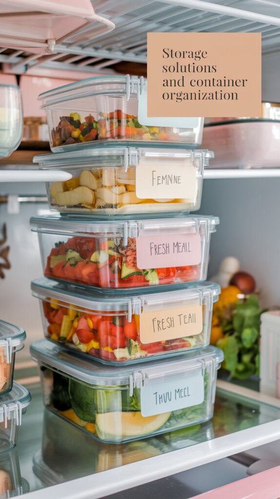 A neatly organized refrigerator with stacked glass meal prep containers labeled with fresh ingredients. The containers are filled with colorful chopped vegetables, fruits, and prepared meals, showcasing efficient food storage and organization. Soft pastel tones create a clean and aesthetically pleasing look.