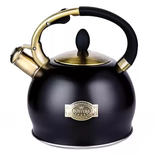 SUSTEAS Stove Top Whistling Tea Kettle - Food Grade Stainless Steel Teakettle Teapot with Cool Touch Ergonomic Handle, With 1 Silicone Pinch Mitt Included, 2.64 Quart(BLACK)