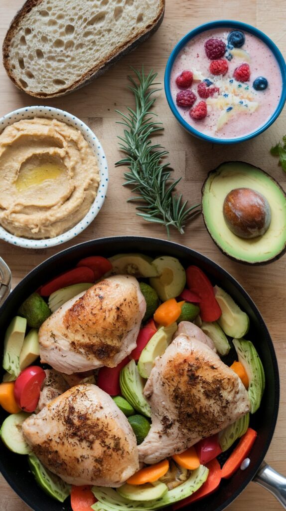 A one-pan meal featuring roasted chicken with colorful vegetables, accompanied by a bowl of hummus, fresh bread, a smoothie bowl topped with berries, and a halved avocado on a wooden surface. The dish showcases a simple, nutritious five-ingredient meal.