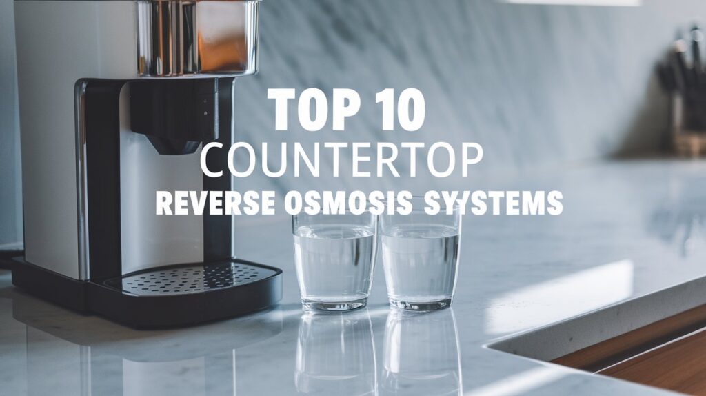 A sleek countertop reverse osmosis water filtration system with a black and silver design, placed on a marble kitchen counter. Two glasses of purified water sit beside it, reflecting the clean aesthetic.