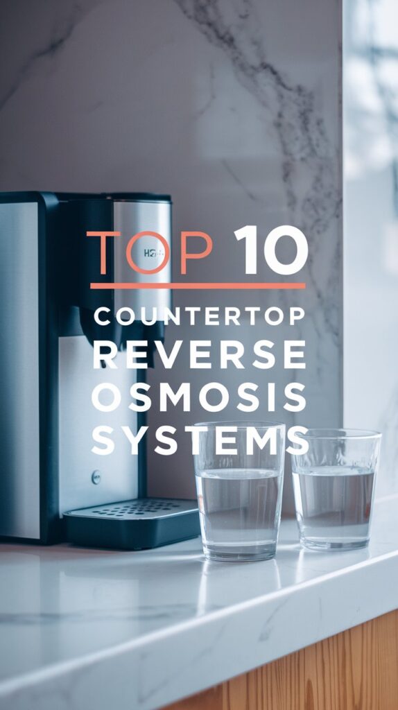 A sleek countertop reverse osmosis water filtration system with a modern black and silver design, placed on a marble kitchen counter. Two glasses filled with purified water sit beside it.