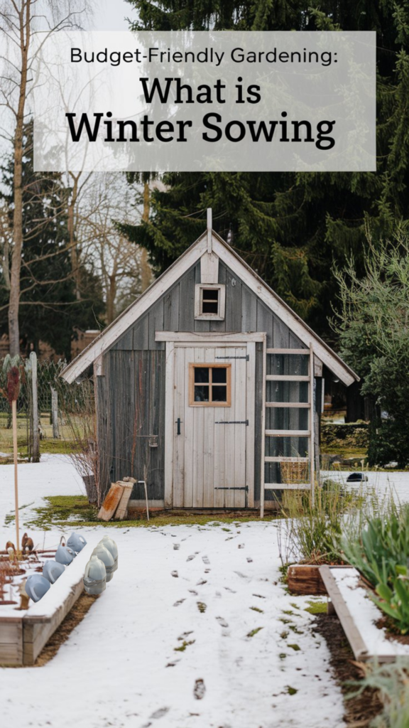 Rustic garden shed surrounded by a snowy landscape with milk jugs used for winter sowing in the foreground