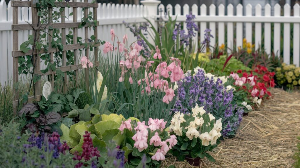 Lush garden bed filled with a variety of plants including pink snapdragons, purple delphiniums, and cabbages, showcasing the results of successful winter seed sowing.