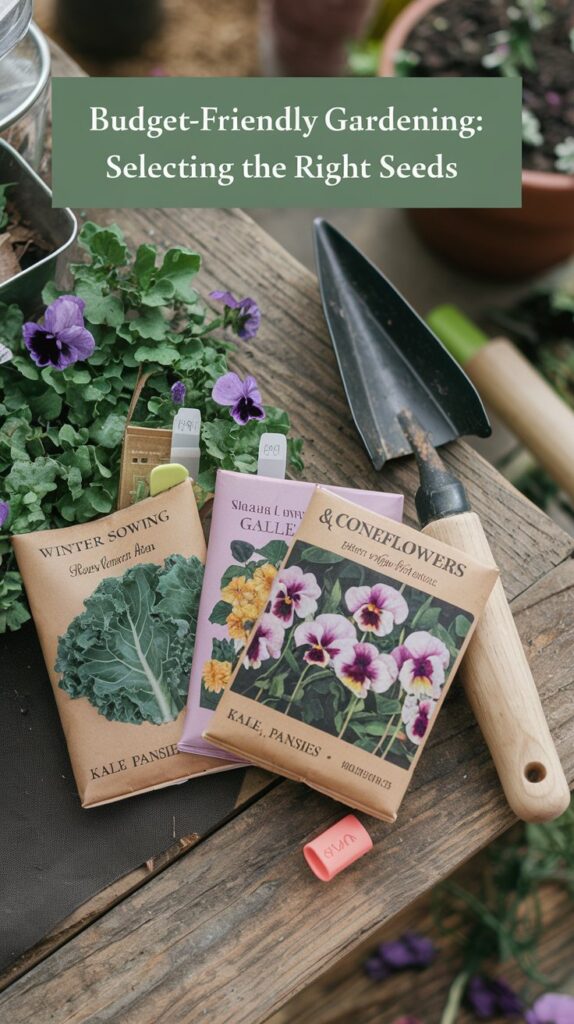 Gardening table with seed packets of kale, pansies, and cone flowers alongside gardening tools, showcasing budget-friendly seed selection.