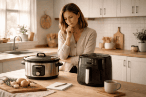 Small kitchen countertop scene representing a Ninja vs Instapot slow cooker