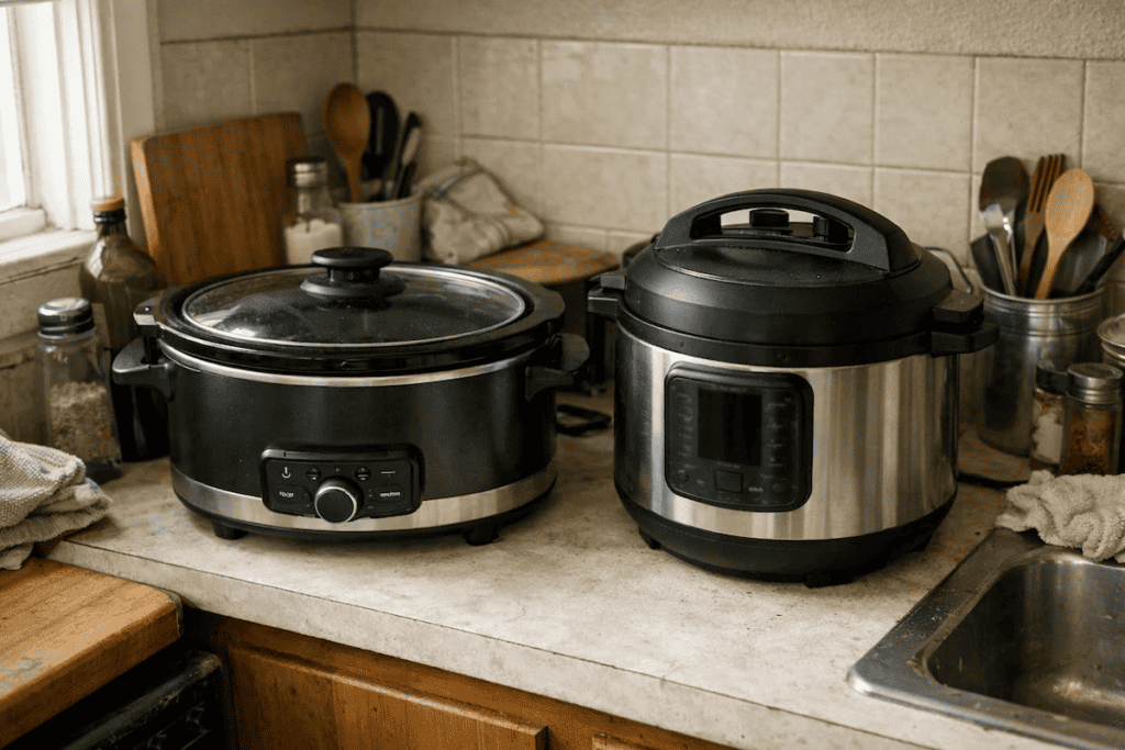 Ninja and Instant Pot slow cookers placed on a small kitchen counter with limited space